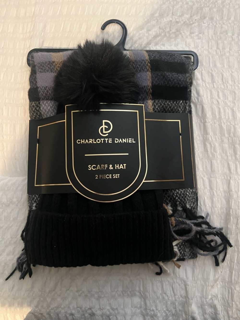 Women's Black Scarf & Hat Set with Pom Pom